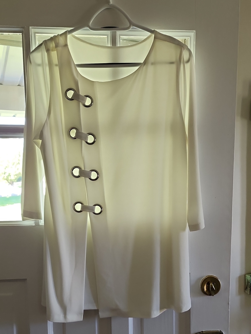 Cream Long-Sleeve Shift Dress with Grommet Detail